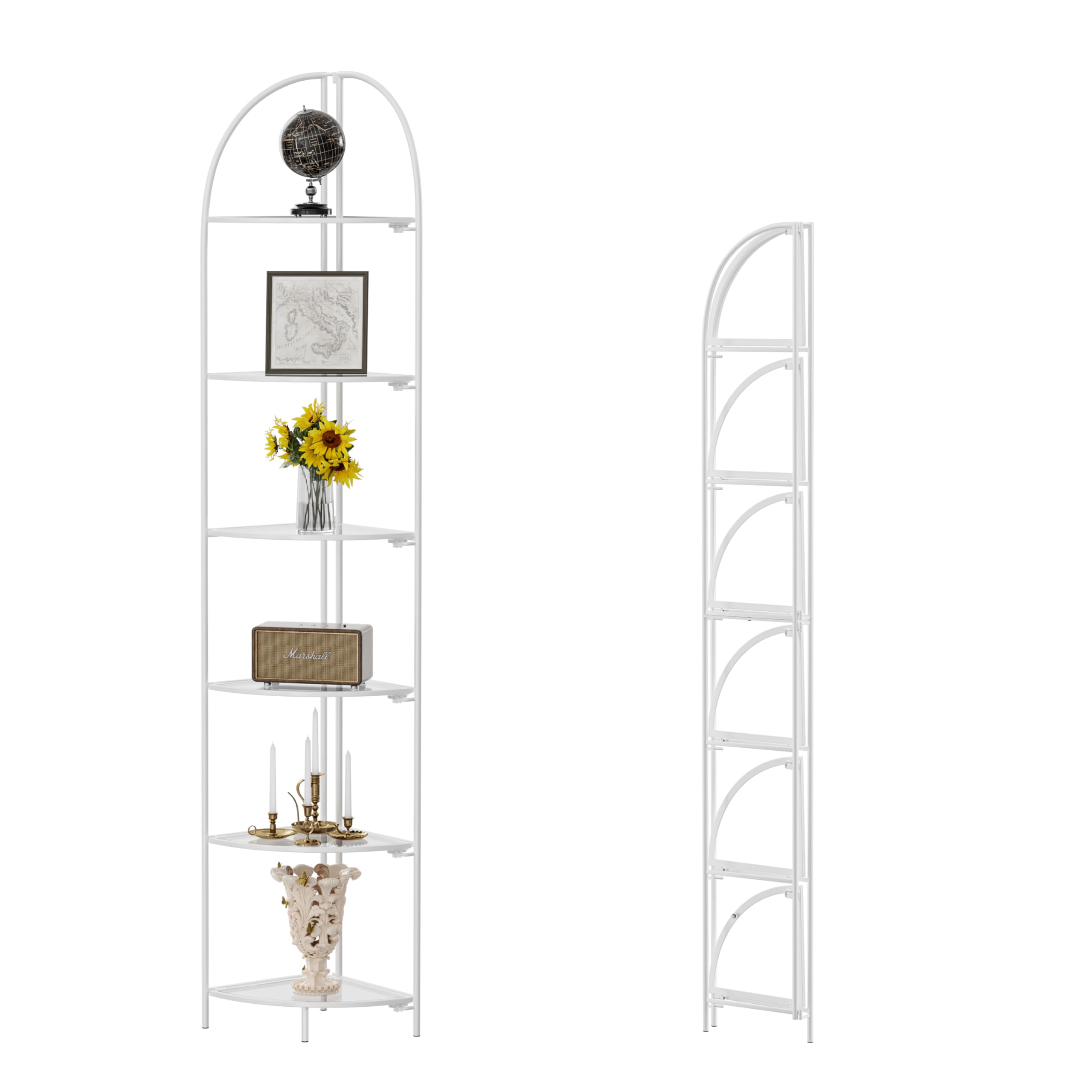 Crofy Foldable 6 Tier Corner Shelf, Metal Corner Plant Stand with White Frame and Transparent Shelves, Corner Display Rack Multipurpose Shelving Unit