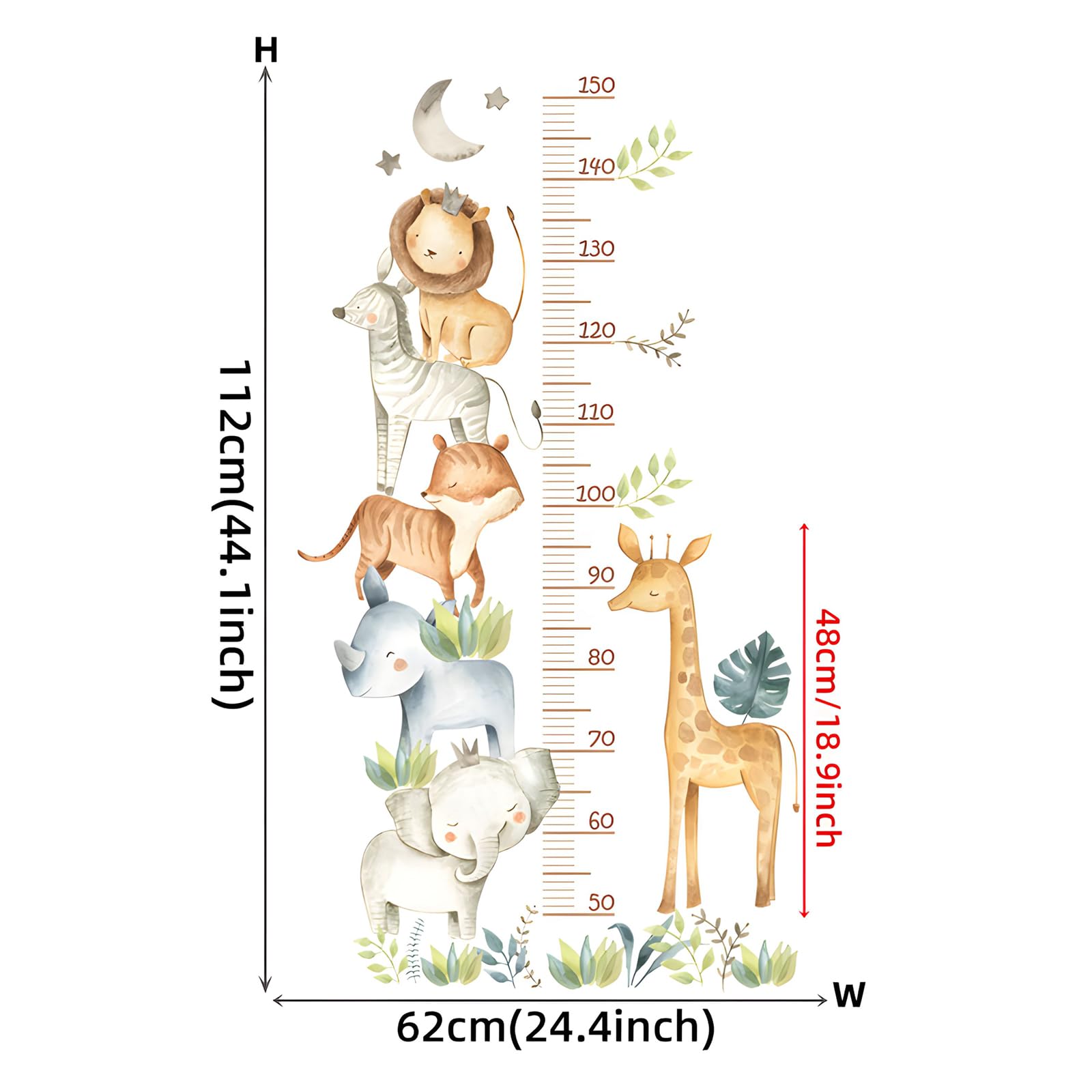 Toise de mesure pour enfants - Sticker mural pour chambre d'enfant - Motif animaux de la forêt - Cadeau de croissance pour garçons et filles - Échelle de 50 à 150 cm (animaux de la jungle)