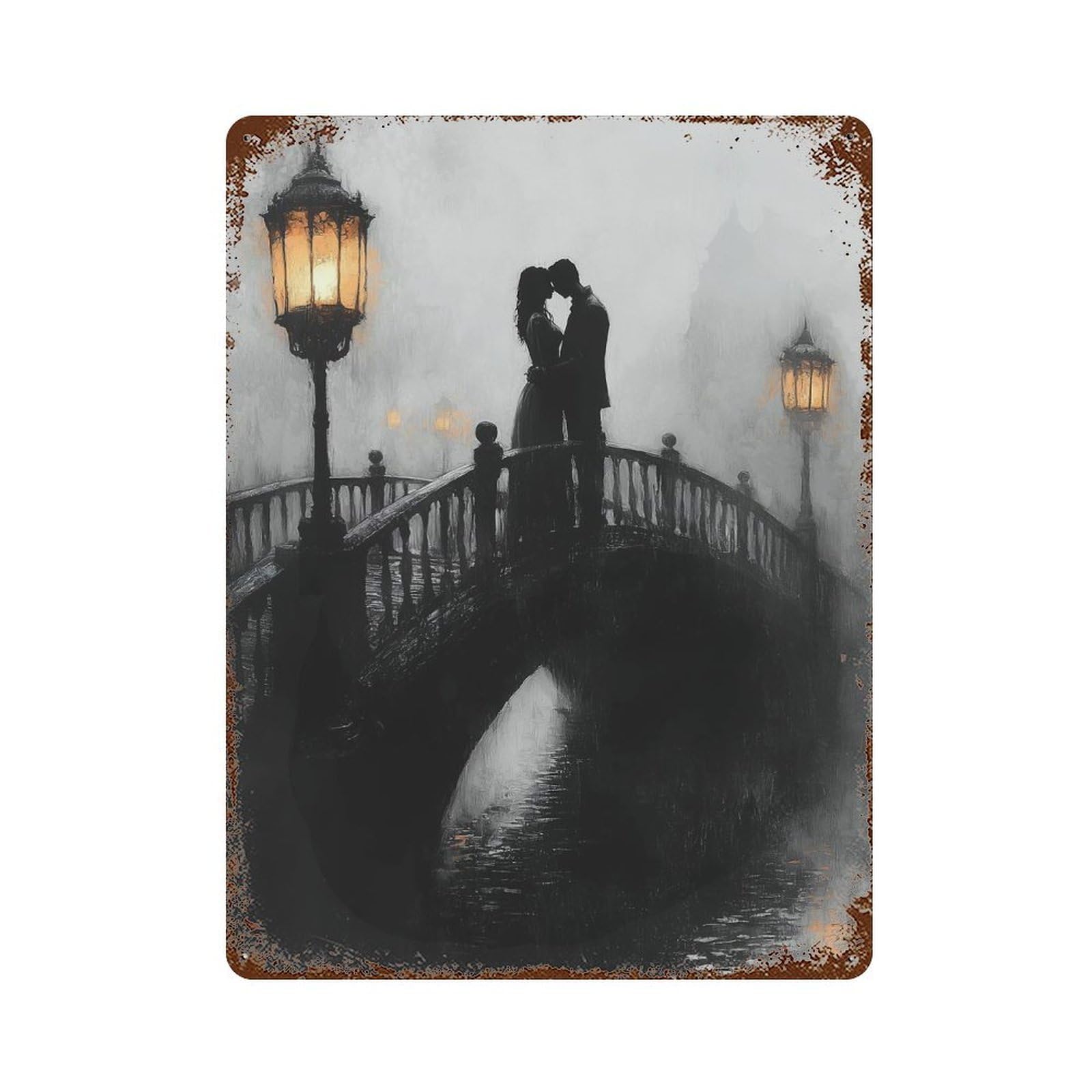 Romantic Bridge Kiss in Charcoal And Lantern Glow Aged Metal Wall Plaque 15.7"x11.8", Decorative Metal Wall Art for Garage, Pub Or Kitchen