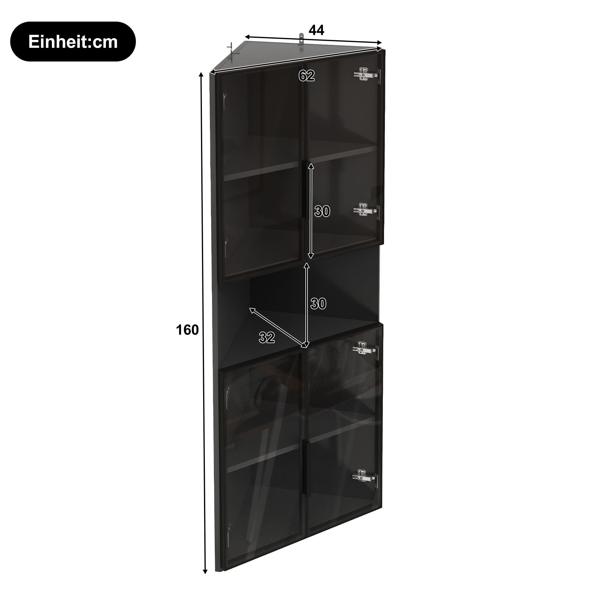 Merax Dreieckige Vitrine 62x32x160 cm mit Glasfront, LED-Beleuchtung und offenem Mittelbereich, für Sammlerstücke, Schwarz
