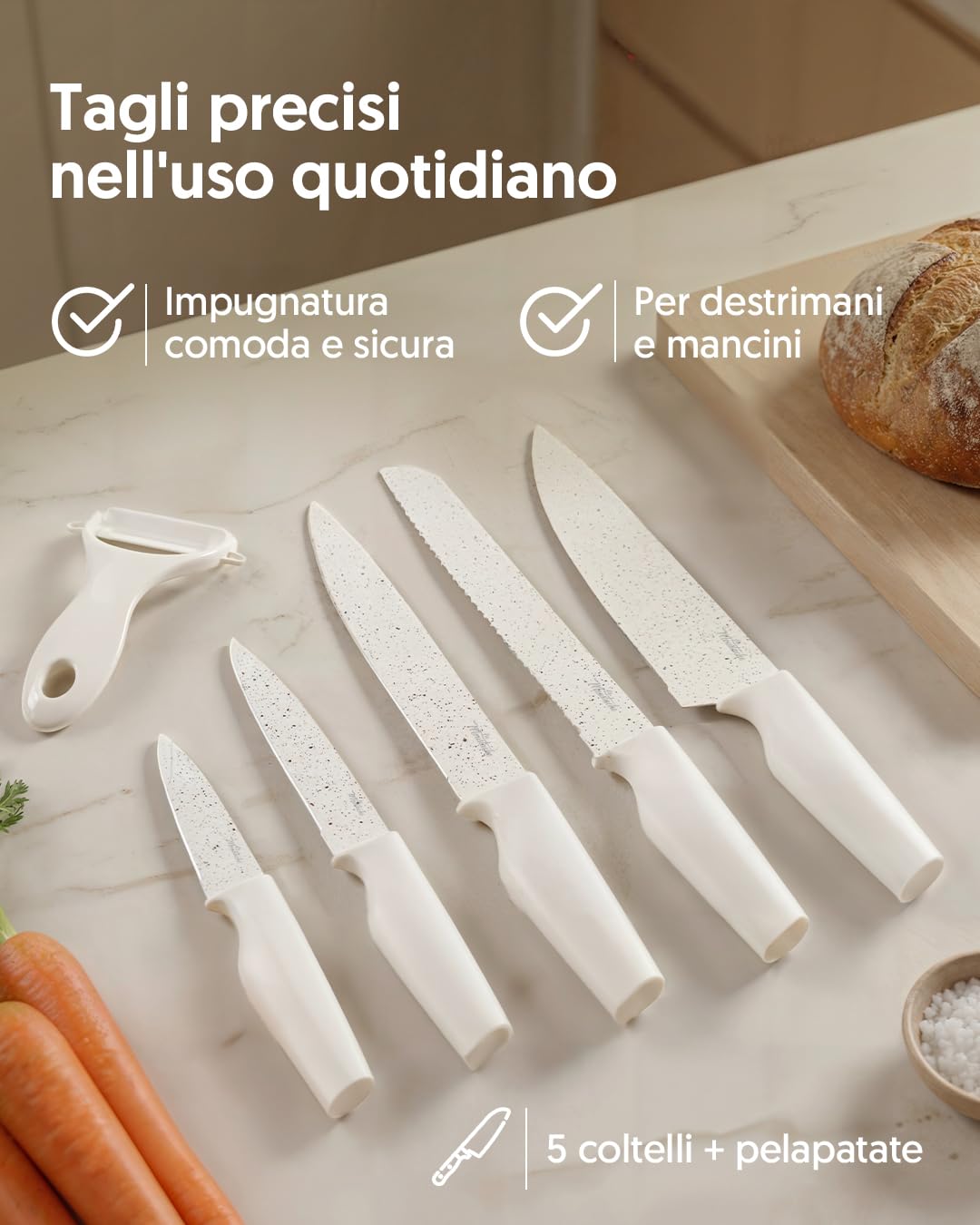 La Moustache - Batteria di Pentole Antiaderente 14 Pezzi con Accessori, Casseruole, Padelle, Coperchi in Vetro e Utensili + Set di 5 Coltelli in Acciaio Inox con Pelapatate, Effetto Marmo (Latte)