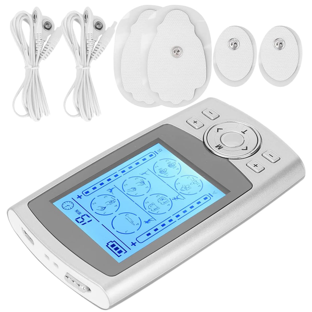 24 Configuraciones Electroestimulador de Músculos para Cuello y Parte Superior, Kit Masaje 8 Parches y Masajeador ABS/Goma, Plata, Hogar