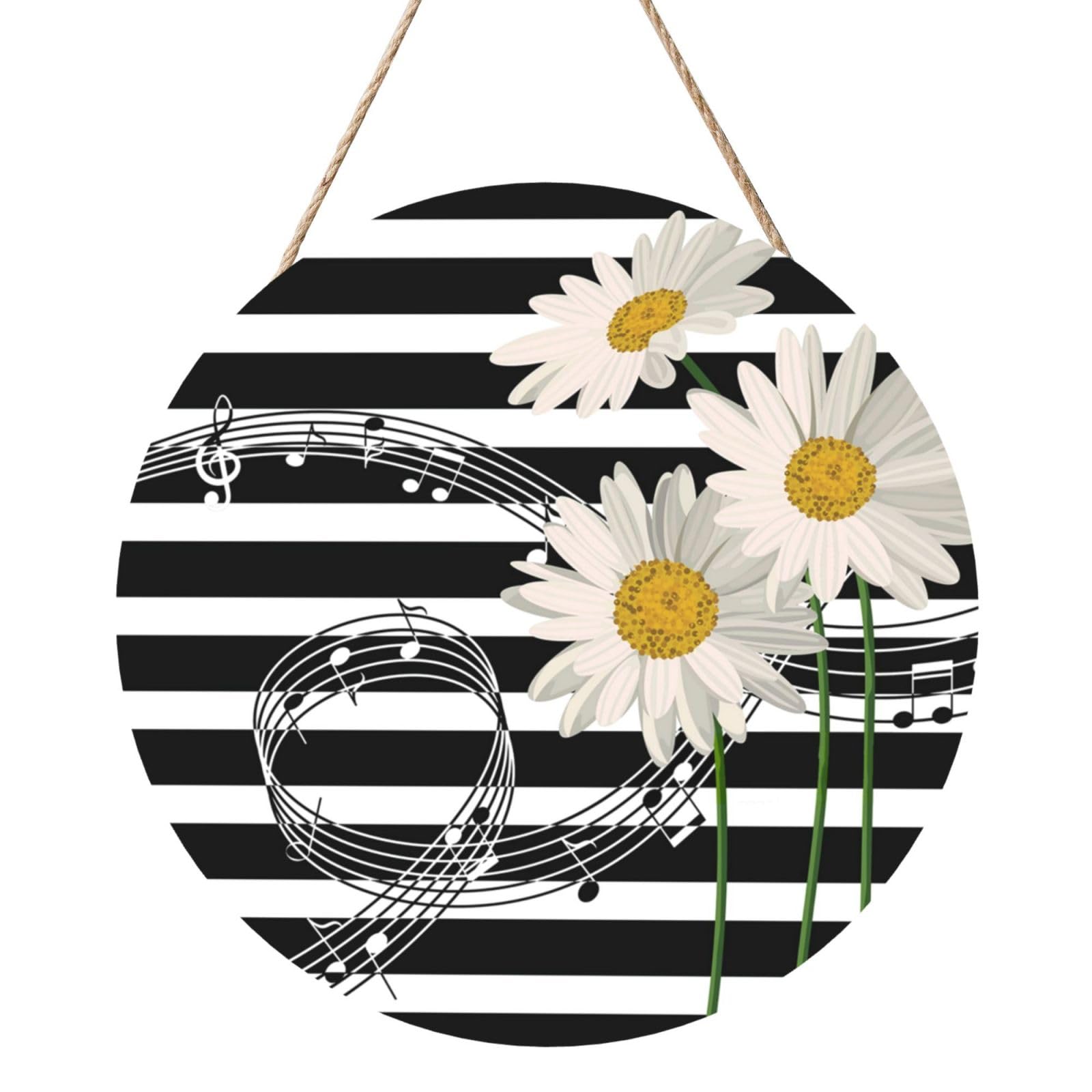 InOmak Daisy Flower Musical Note Stripe Pattern, Round Wood Panel Painting 12 in, Wall Hanging Painting For Home