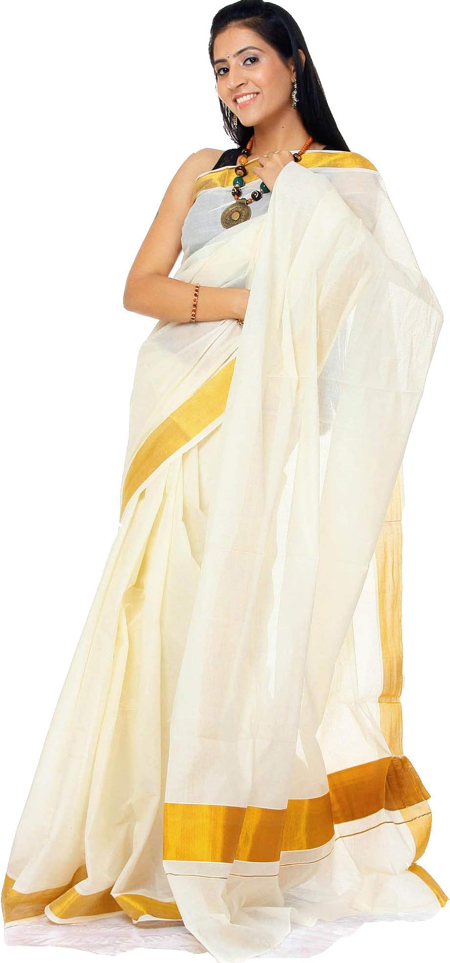Ivory Kasavu Puja Sari from Kerala with Golden Border – Stylish Pure Cotton Sari for All Seasons