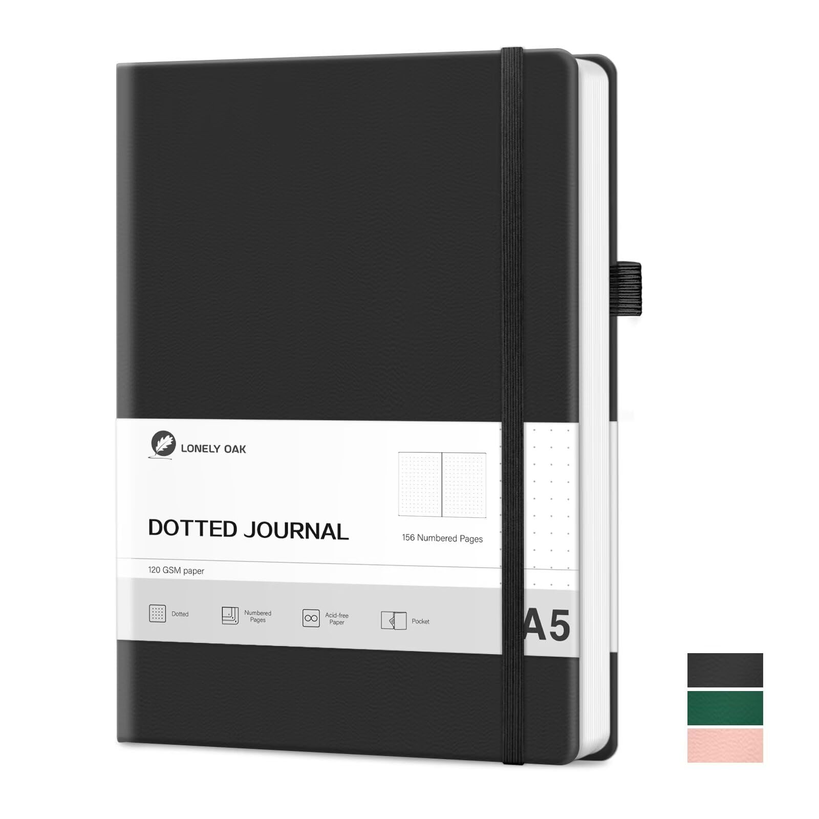 Lonely Oak Bullet Dotted Journal Notebook for Writing, A5 Hardcover Notebook for Women & Men, Travel Journal 120GSM Acid-Free Paper with Leather Hardcover(Black) — image 1