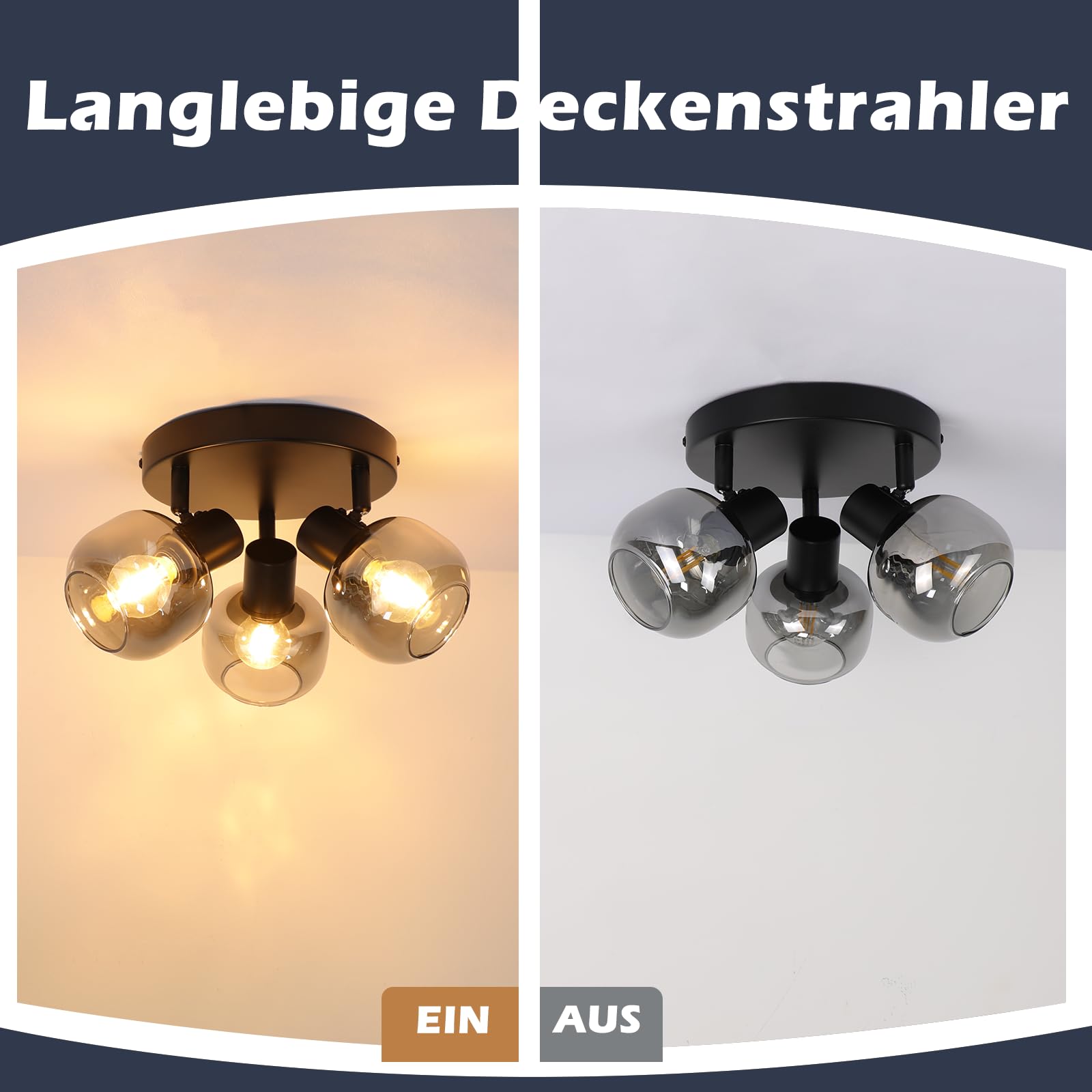 CBJKTX Deckenstrahler 3 Flammig Deckenspots Schwarz - 350° Schwenkbar E14 Spots Glas Strahler Rauchgrau Modern küchenlampe für Flur Küche Wohnzimmer（Ohne Lichtquelle）