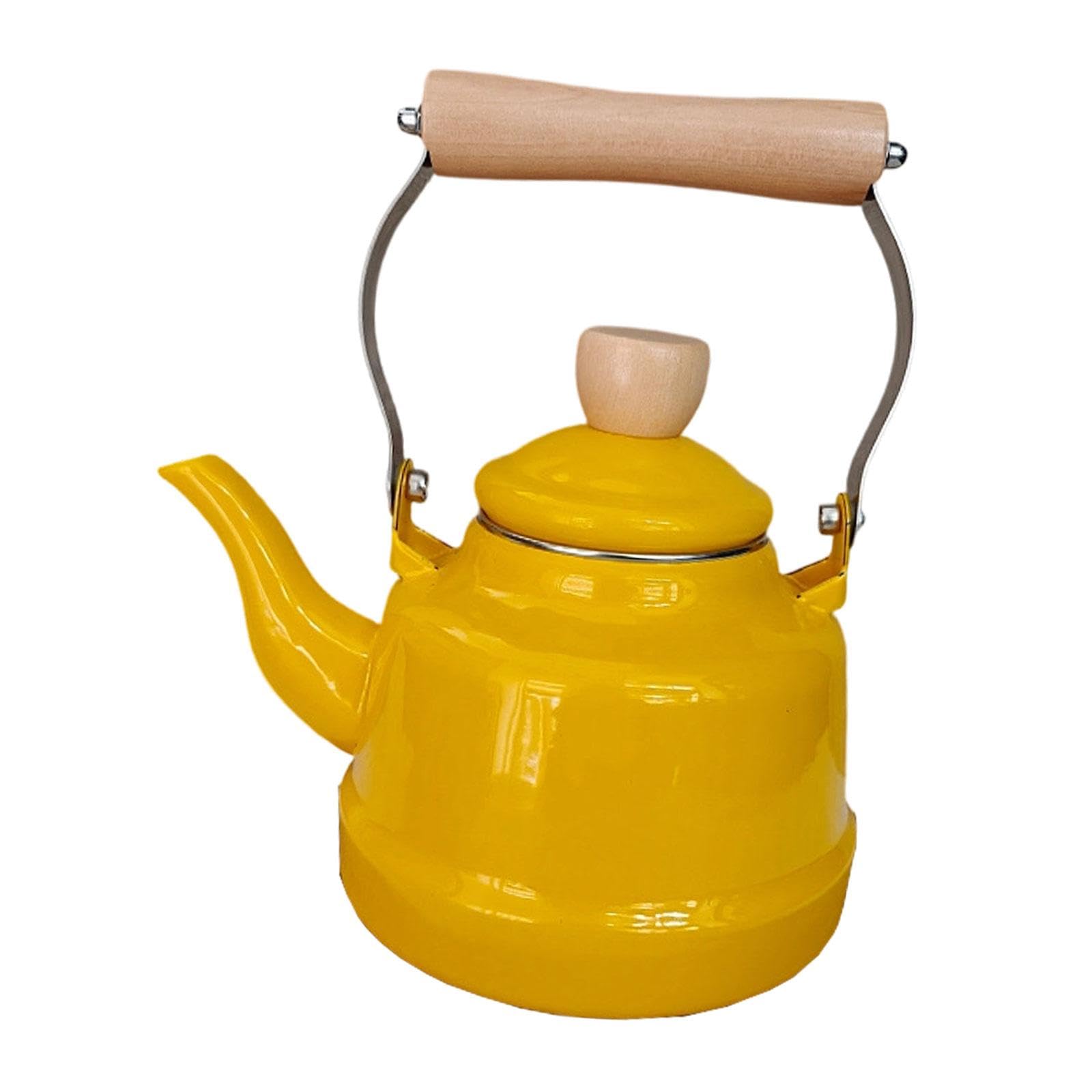 Teekessel Emaille Teekanne Wasserkocher Kaffeekanne mit Hitzebeständigem Holzgriff Und Keramischem Gehäuse für Herd Küche Haushalt Geschenk, Gelb