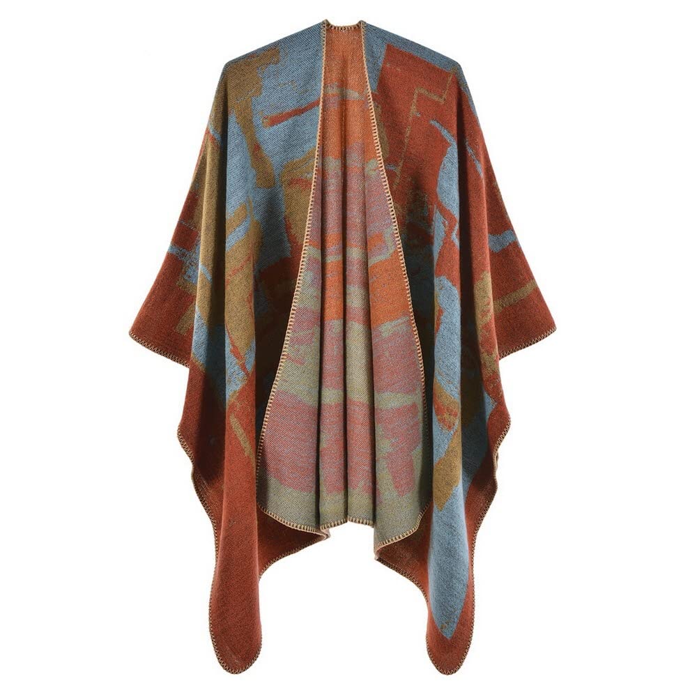 zemania Women's Color Block Warm Shawl Wrap Poncho Cape Open Front Long Winter Coat-picture-36