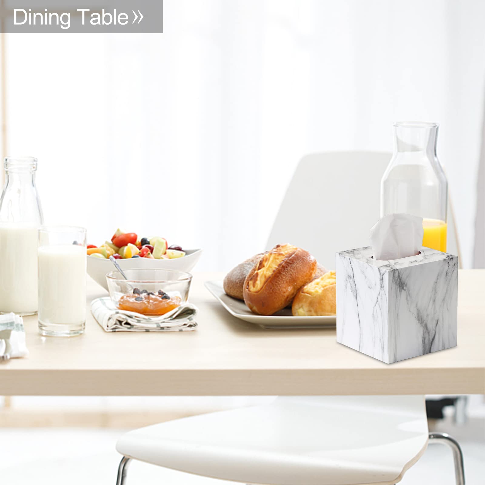 HOUSE DIARY Metal Square Tissue Box lid, Modern Facial Tissue Holder for Bathroom Vanity Tops, Bedroom Dressers, Nightstands, Desks, Offices (Marble White)