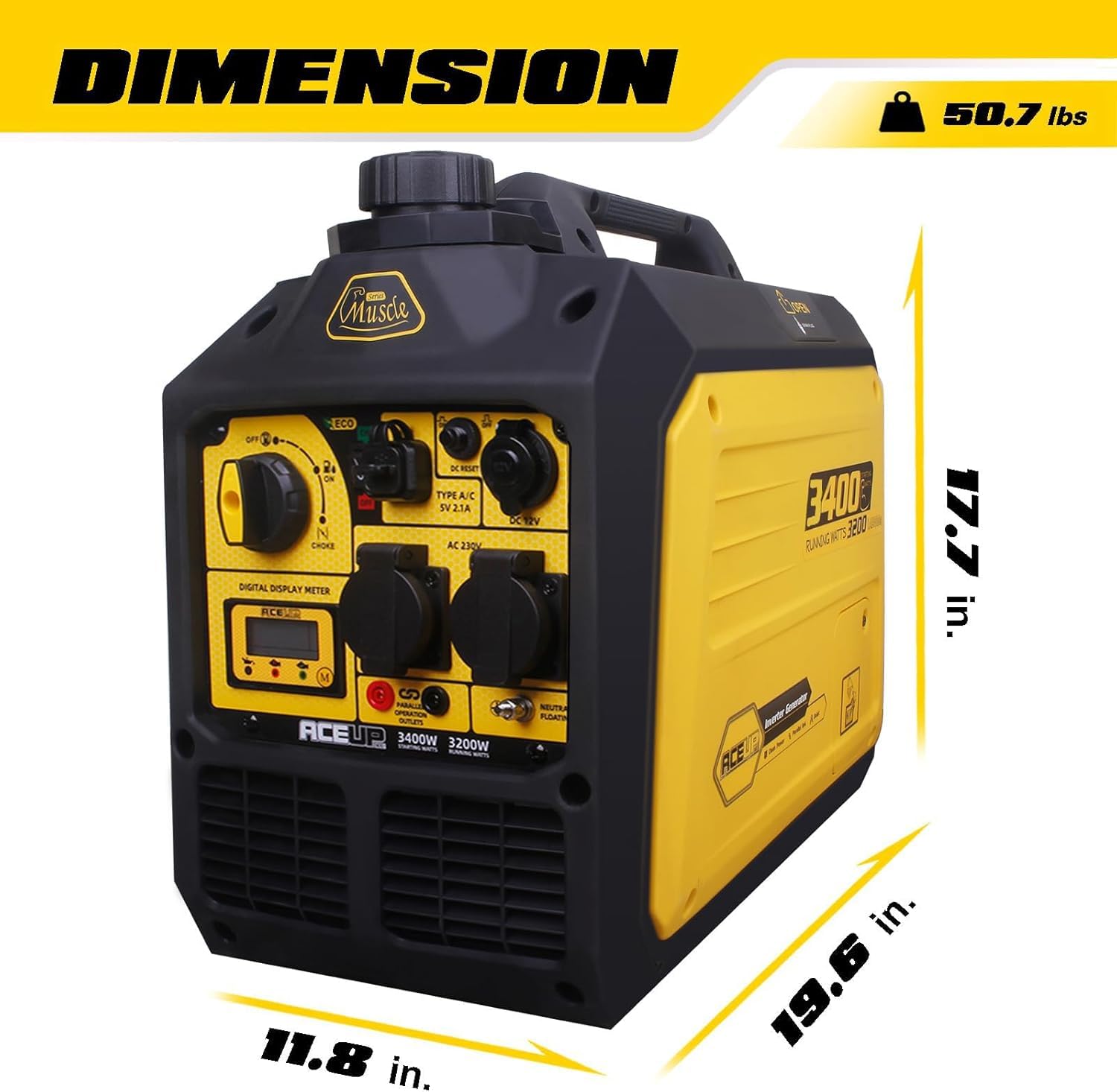 Aceup Energy Agregat Prądotwórczy Inwerterowy 3400W – Czysta Sinusoida, Lekki 23kg, Generator Prądu z Silnikiem 4-Suwowym OHV, USB-C, na Kemping i Awaryjne Zasilanie Domu