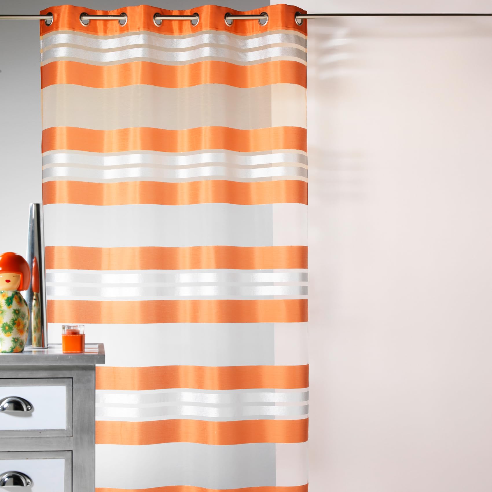 Homemaison - Net Curtain with Horizontal Stripes and Silver Thread - 100% Polyester Muslin - 8 Round Eyelets Diameter 4 cm - Curtains for Living Room Bedroom Window - 145 x 240 cm - Orange