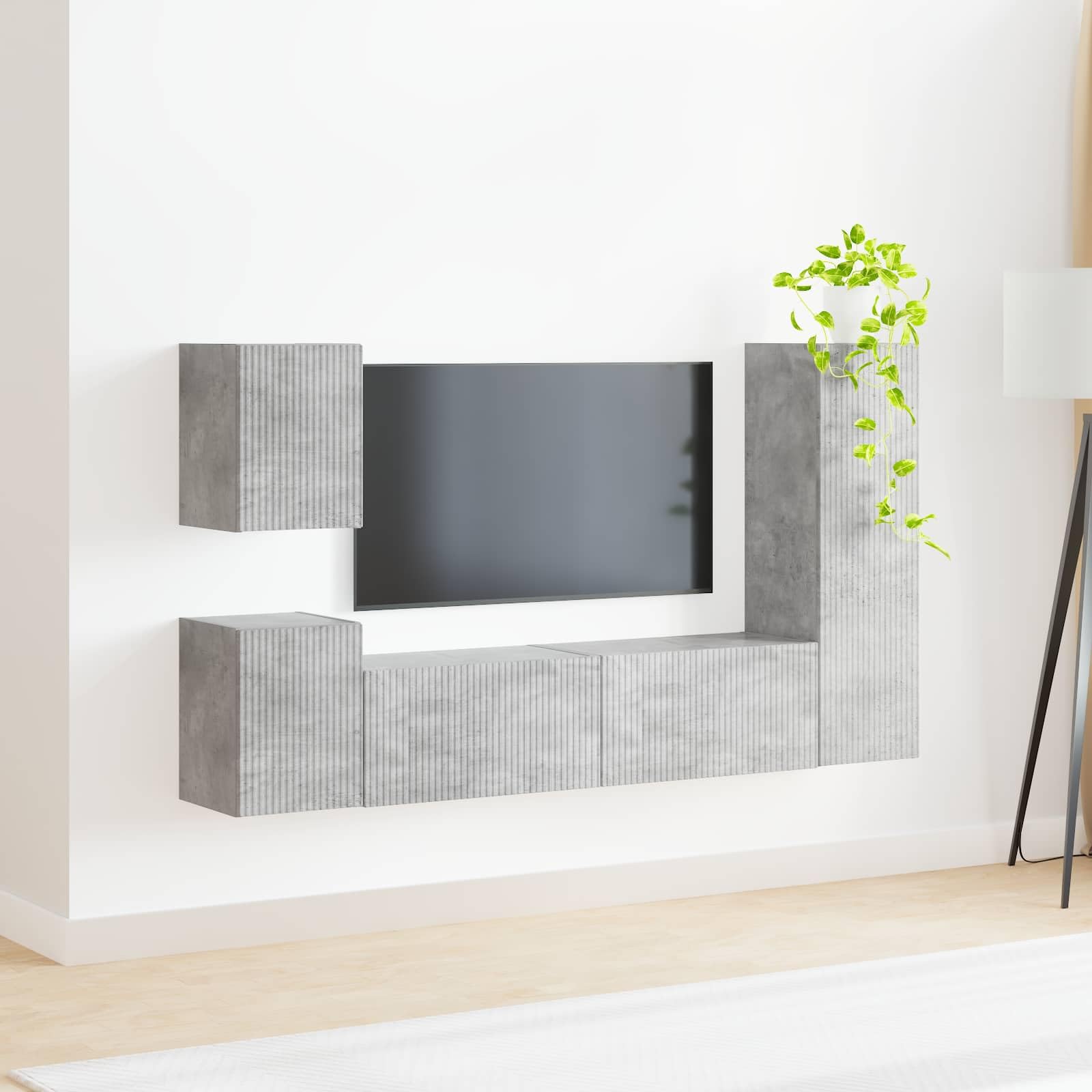 TV-Schrankset Wandmontiert 4-teilig, Beton Grau Holzwerkstoff, Modernes Media Center für Wohnzimmer, Elegantes Design mit Viel Stauraum