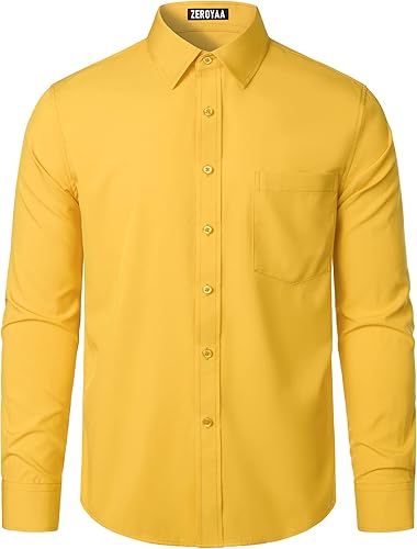 Miniatura 4 de ZEROYAA Camisa de vestir de ajuste regular para hombre, color liso, sin arrugas, manga larga, casual, para negocios, con botones, con bolsillo