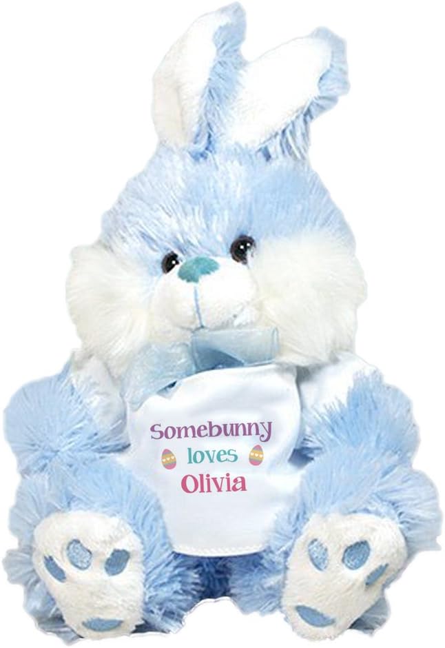 GiftsForYouNow Personalized Plush Blue Easter Bunny, 12", Pink Egg Shirt Design
