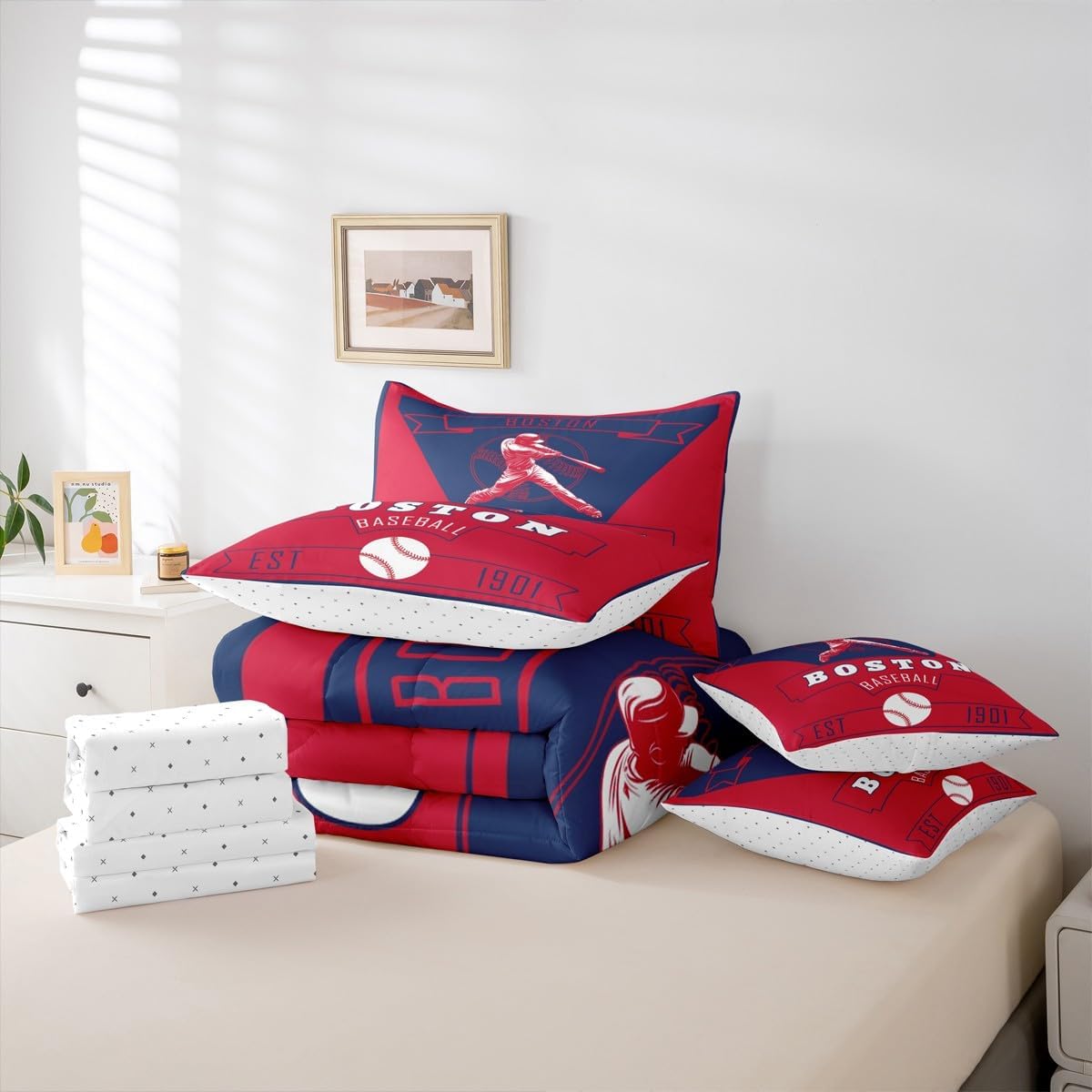 Feelyou Boys Baseball Comforter Set with Sheets 7 Piece Twin Size Boston Bedding Set for Kids Boys Girls Baseball City Bed in a Bag Sports Game Room Decor Soft Lightweight Microfiber