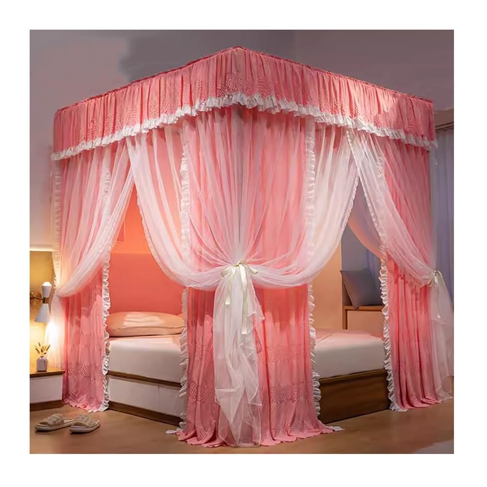 Mosquitera con dosel premium color rosa con volantes decorativos y soporte para cama de 200x220