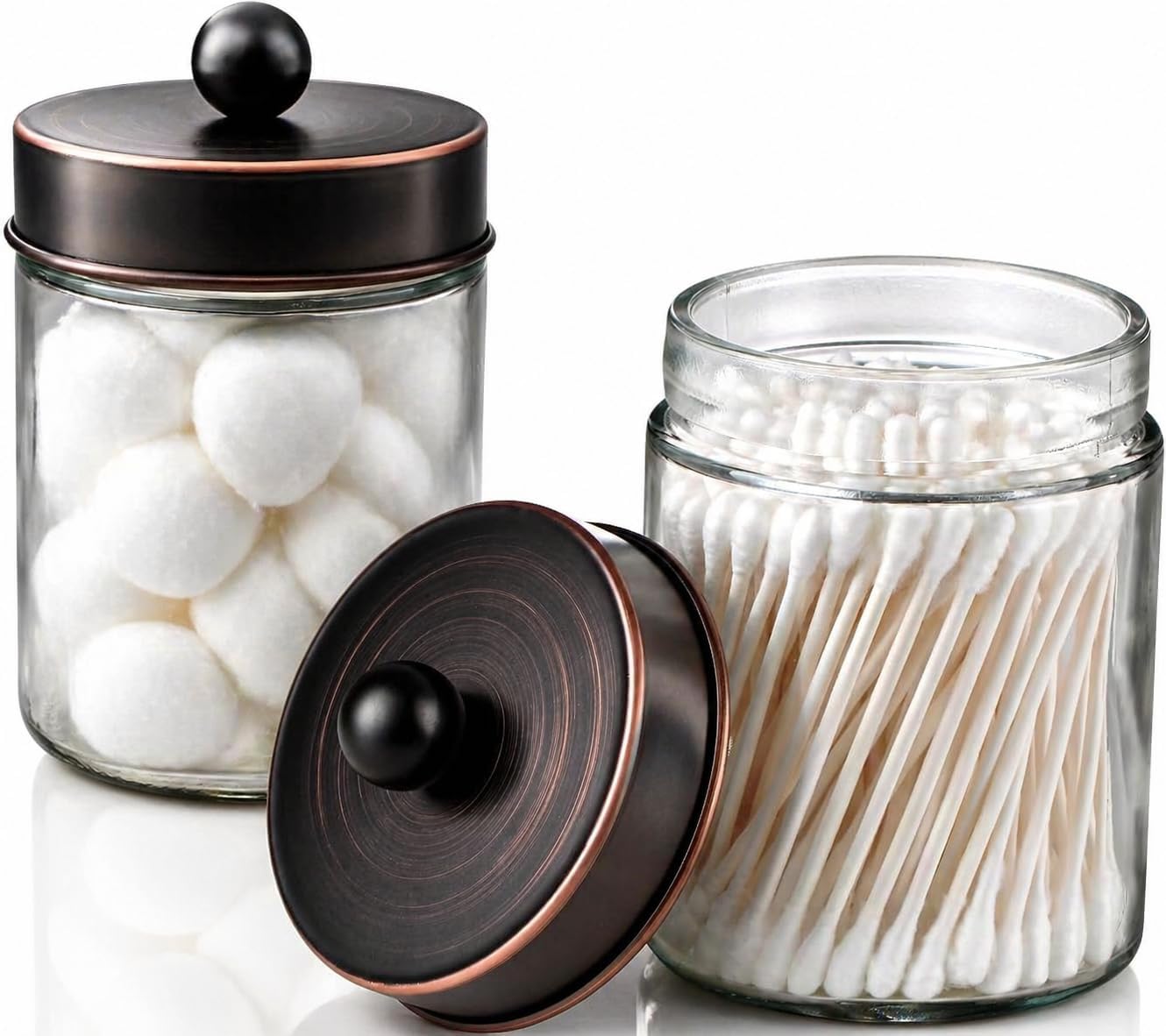 Apothecary Jars Bathroom Storage Organizer - Cute Qtip Dispenser Holder Vanity Canister Jar Glass with Lid for Cotton Swabs, Rounds, Bath Salts, Makeup Sponges, Hair Accessories/Oil Rubbed Bronze2
