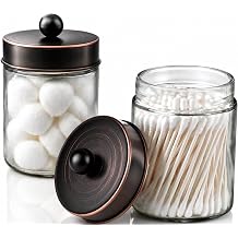 Amolliar Apothecary Jars Bathroom Storage Organizer - Cute Qtip Dispenser Vanity Canister Glass with Lid for Cotton Swabs,Rounds,Bath Salts,Makeup Sponges,Hair Accessories/Oil Rubbed Bronze2 Pack
