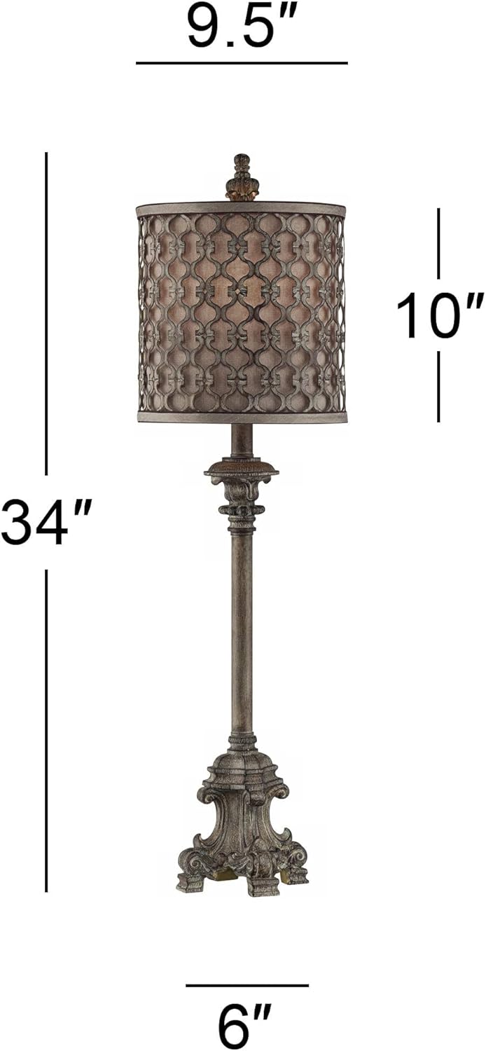 Regency Hill Traditional French Country Style Tall Skinny Buffet Table Lamp Beige Scroll Metal Lattice Candlestick Framed Cylinder Drum Shade Decor for Living Room House Home Entryway Dining Family