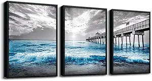 Black Framed Wall Decorations For Living Room Canvas Wall Art For Bedroom Office Wall Decor Black And White Wall Painting Blue Ocean Sea Wave Pictures Artwork For Modern Posters Prints Home Decor