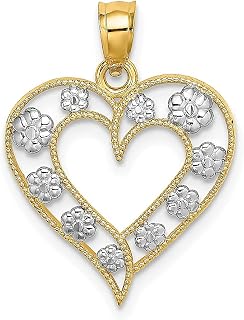 Colar de ouro amarelo 14k com recorte texturizado de dois tons de coração e flores com pingente de amor joias finas para mulheres presentes para ela, Ouro amarelo