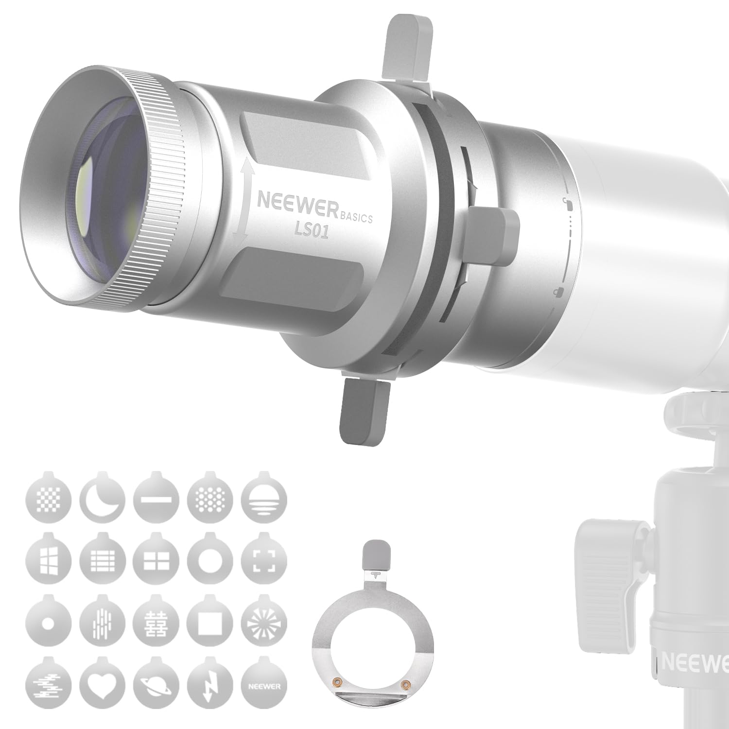 NEEWER Basics Spotlight konischer optischer Snoot, nur für FL10/FL20/FL10P Fotografie Taschenlampe, 4 Fach hellerer Projektoraufsatz mit einstellbarem Fokus, 30° Abstrahlwinkel, 20 Metall Gobos, LS01