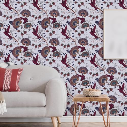 CRE8TIVE Purple Red Bird Floral Peel and Stick Wallpaper Vintage Jacobean Paisley Batik Floral Wallpaper 12"x118" Removable Self Adhesive Vinyl Contact Paper for Cabinets Drawer Liners Bedroom Walls