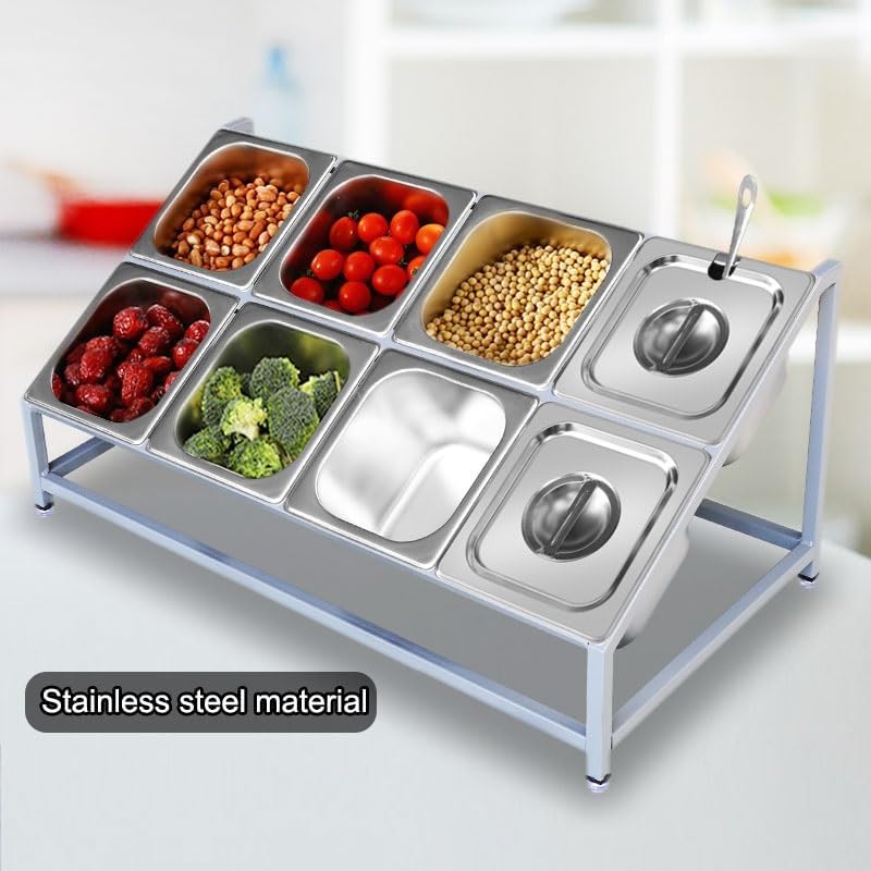 Stainless Steel Pizza Topping Station, 2-Tier Inclined Organizer Shelf Condiment Containers, Condiment Server for Home Kitchen Buffet Server Table Cafeteria (Silver c)