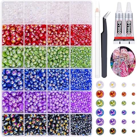 7500PCs Imitation Half Pearl Flatback Bead with B7000 Glue Set for DIY Crafts, Assorted 4 Sizes 6 Colors Cabochon Pearls Beads Gems for Nail Art Makeup Scrapbook Clothes Embellishment 3/5/6/8mm Cover