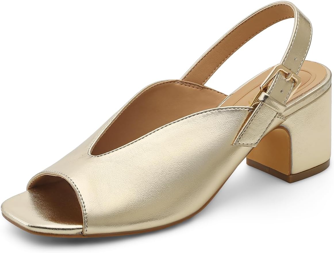 Women's Block Heel Sandals, 2.5 Inch Square Peep Toe V-Cut Slingback Dress Heels for Wedding Party Work Daily