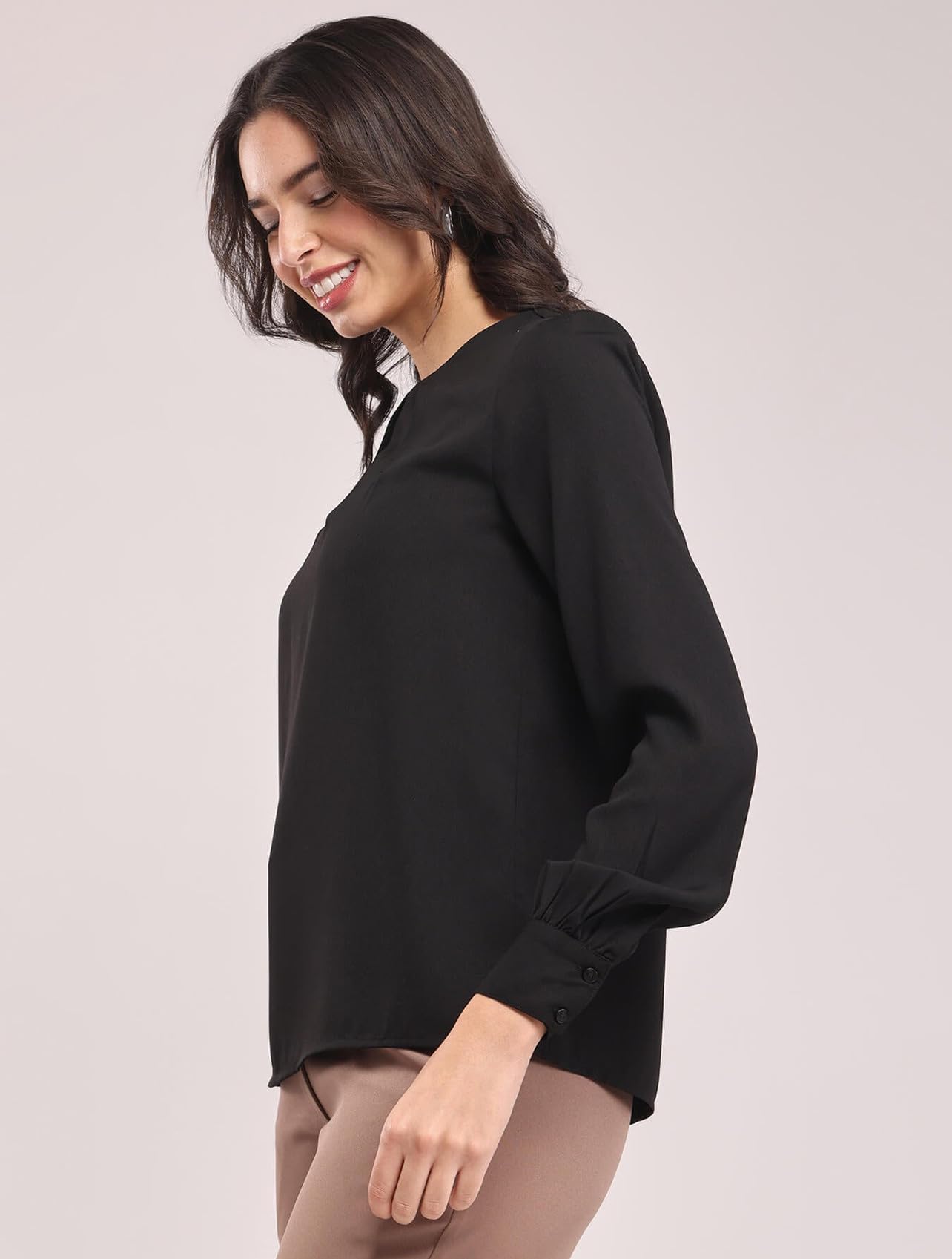 Classic Crew Neck Front Pleat Detail Women Top with Full Sleeves, Gathered Cuff and Pull on Regular - Image 4 thumbnail