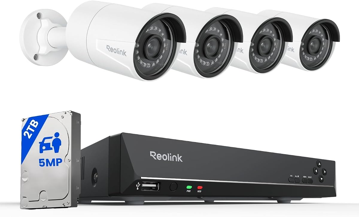 REOLINK Sistema de cámara de seguridad PoE de 8 canales y 5 MP con disco duro de 2 TB RLK8-410B4-5MP | 4 cámaras PoE con cable de 5MP para el hogar al aire libre, NVR 4K 8CH con disco duro de 2TB para grabación 24-7, detección inteligente de personas/mascotas/vehículos