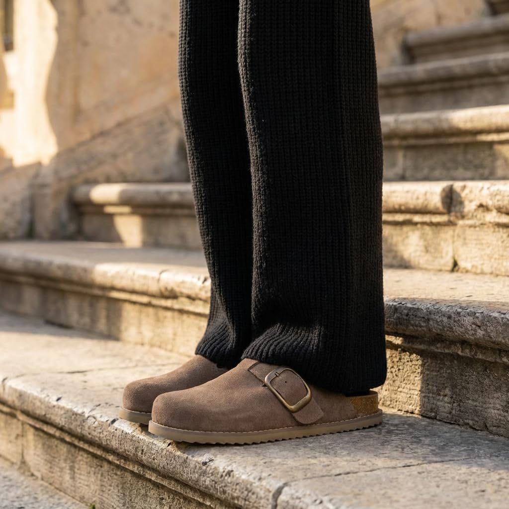 CUSHIONAIRE Women's Blain Genuine Suede Slip-On Clogs with + Memory Foam & Chic Buckle Mule - Comfortable, Non-Slip, Wide Widths Available