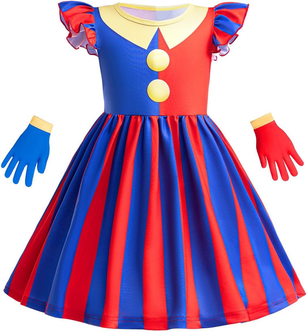 Pomni Clown Dresses for Girls, Kids The Amazing Digital Circus Cosplay Dress with Gloves for Halloween Carnival Birthday Party