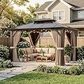 BETISEF 10'x12' Hardtop Gazebo, Outdoor Polycarbonate Roof Canopy, Aluminum Frame Permanent Pavilion with Curtains and Netting, Canopy for Garden, Patio, Lawns