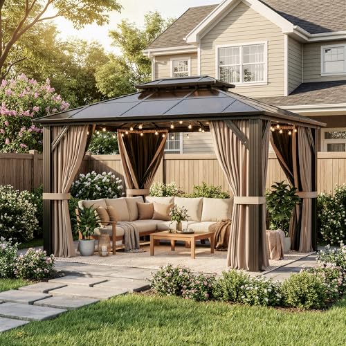 10'x12' Hardtop Gazebo with Curtains and Netting