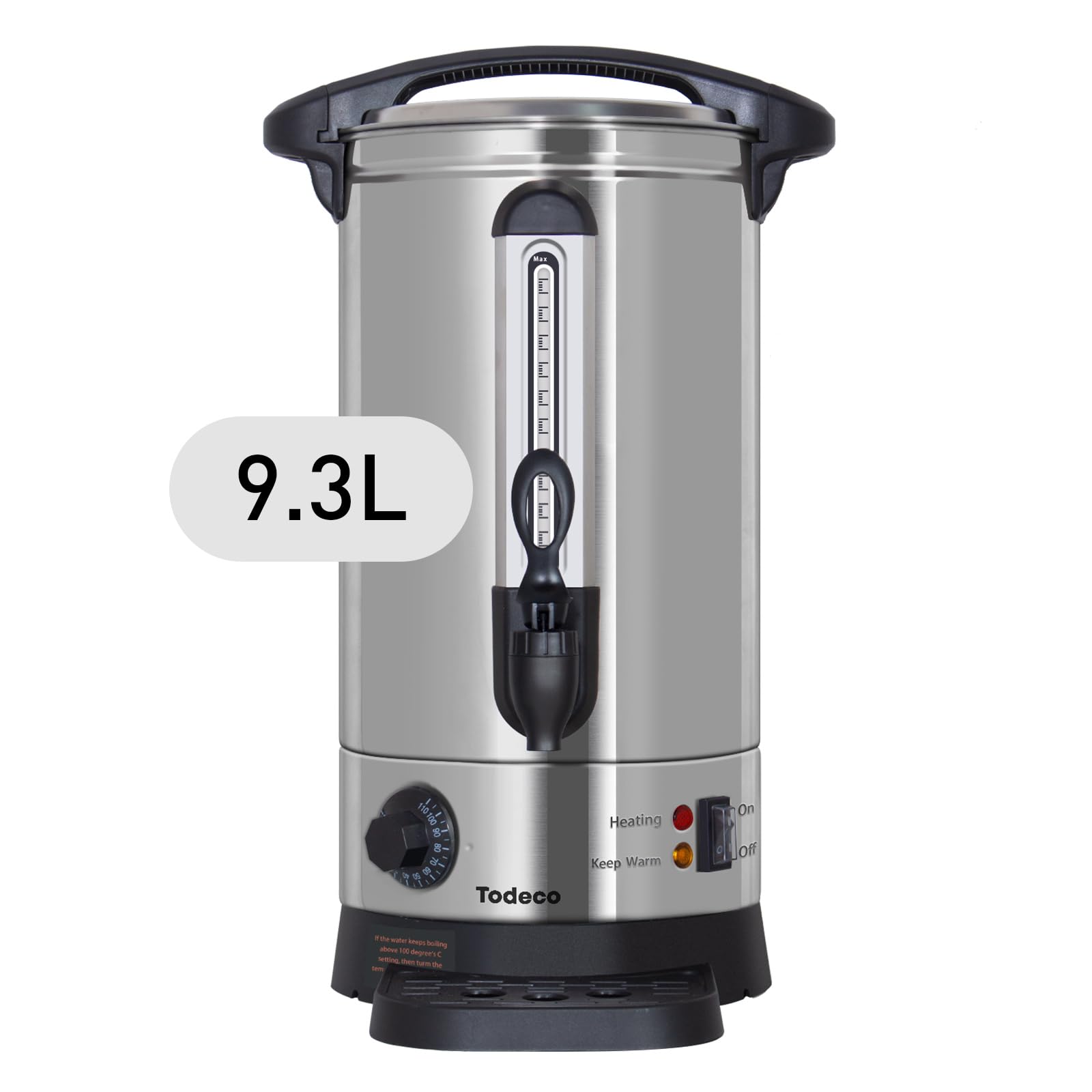 Todeco Bollitore per Vin Brulé 9,3 L, Macchina per Bevande Calde in Acciaio Inox, con Rubinetto, vaschetta di raccolta, termostato, Impostazione Della Temperatura 30-110°C, 1500 W