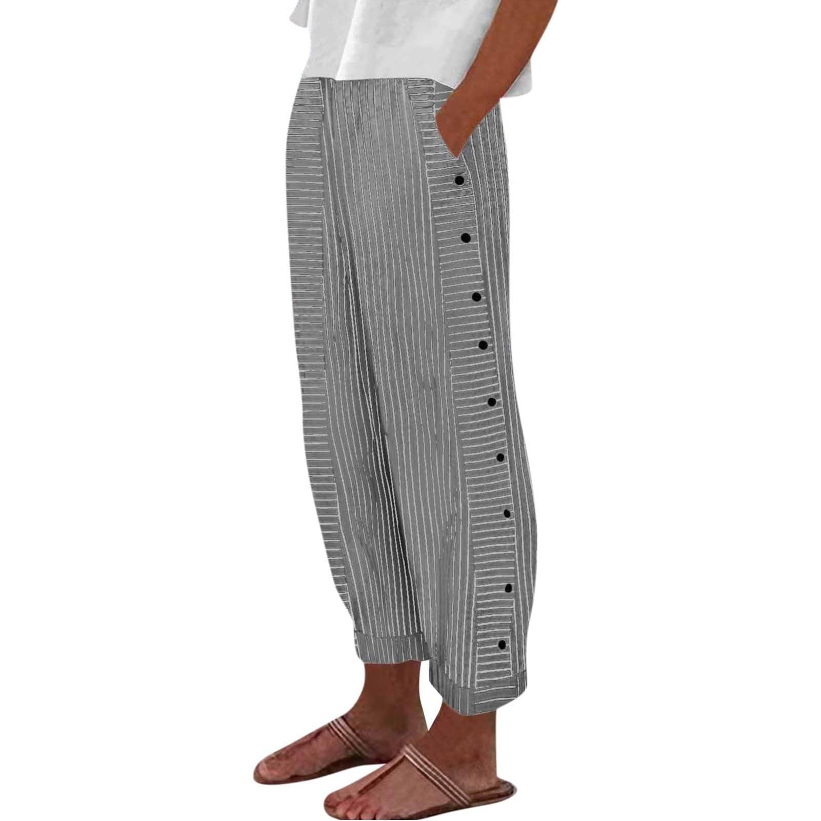 Cropped Linen Pants for Women Casual Straight Leg Elastic Waist Pants Stripe Print Beach Summer Pants with Pockets