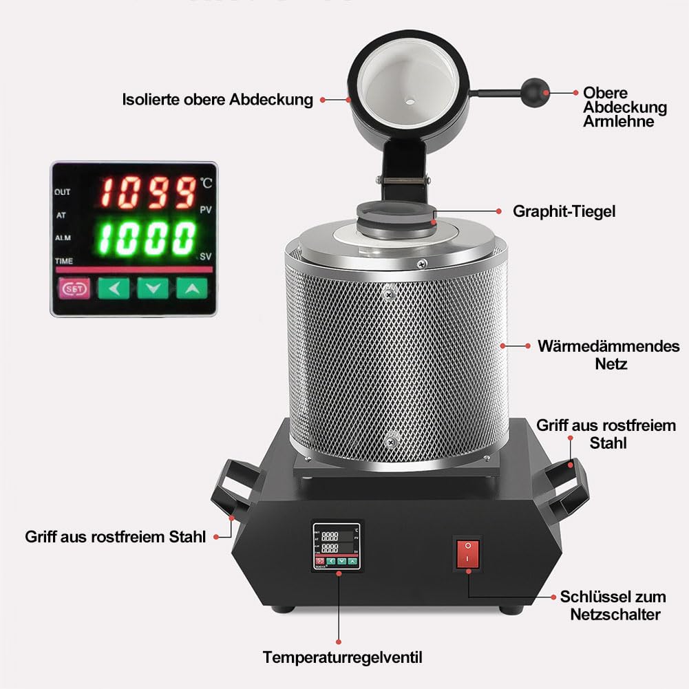 Goldschmelzofen, 1800W 1150°C Elektrischer Digitaler Schmelzofen mit Schutznetz und 3kg Graphit-Tiegel zum Schmelzen von Gold, Silber, Kupfer, Aluminium