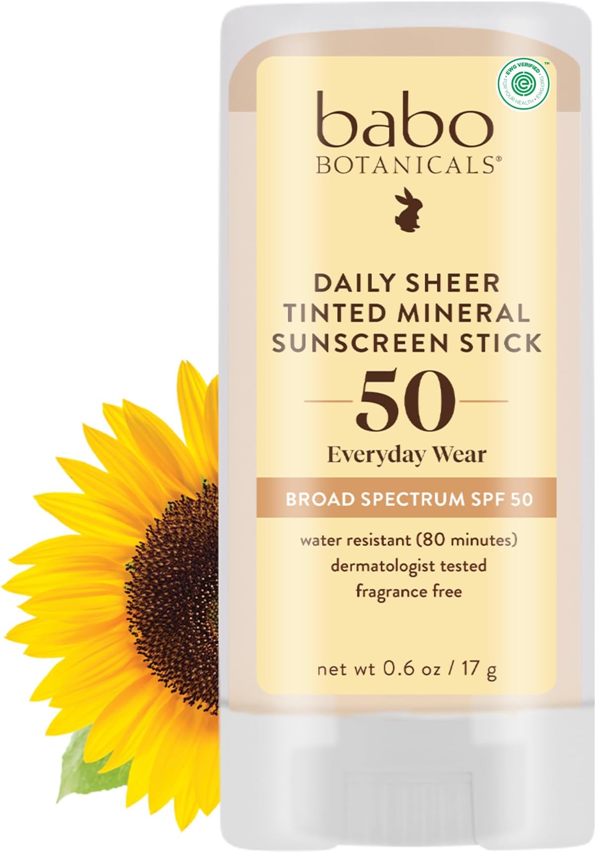Babo Botanicals Daily Sheer Mineral Tinted Sunscreen Stick SPF50 - Natural Zinc Oxide - For Face - For all ages - EWG Verified - Water Resistant - Fragrance-Free