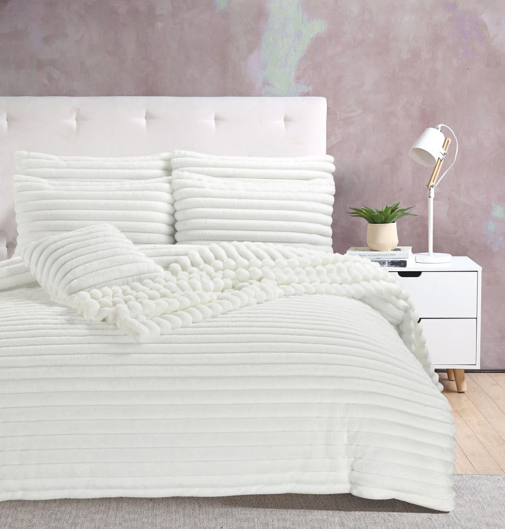 Artistic Fashionista Limited White Luxurious Big Cord Teddy Bear Duvet Cover Set – Super Soft Fluffy Sherpa Fleece Bedding With Pillowcases, Warm & Cosy Thermal Quilt Cover Winter Bedding Set (, Double)