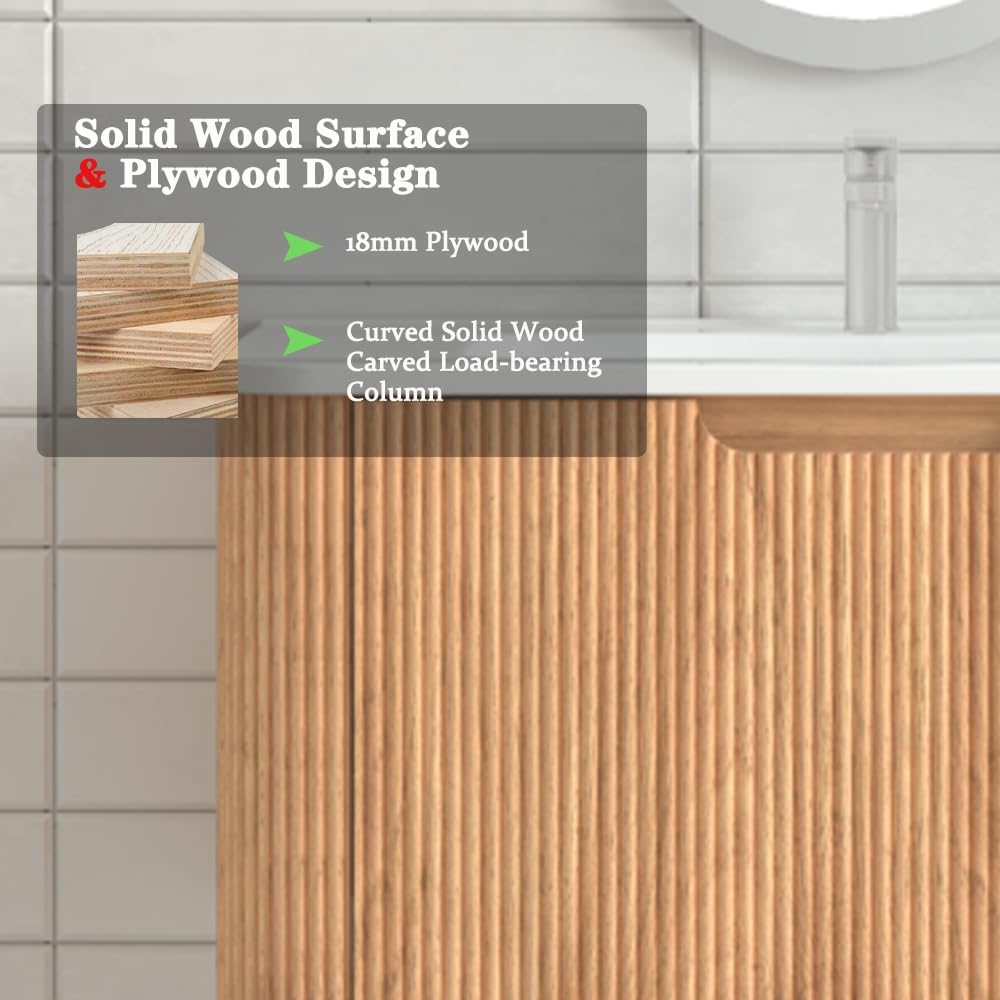 30'' Floating Bathroom Vanity with Sink, Wall Mounted Modern Bathroom Cabinet W/Curved Edges Stripes, Oak & Plywood, Pre-Assembled with Integrated Ceramic Basin – Havana, Natural Oak