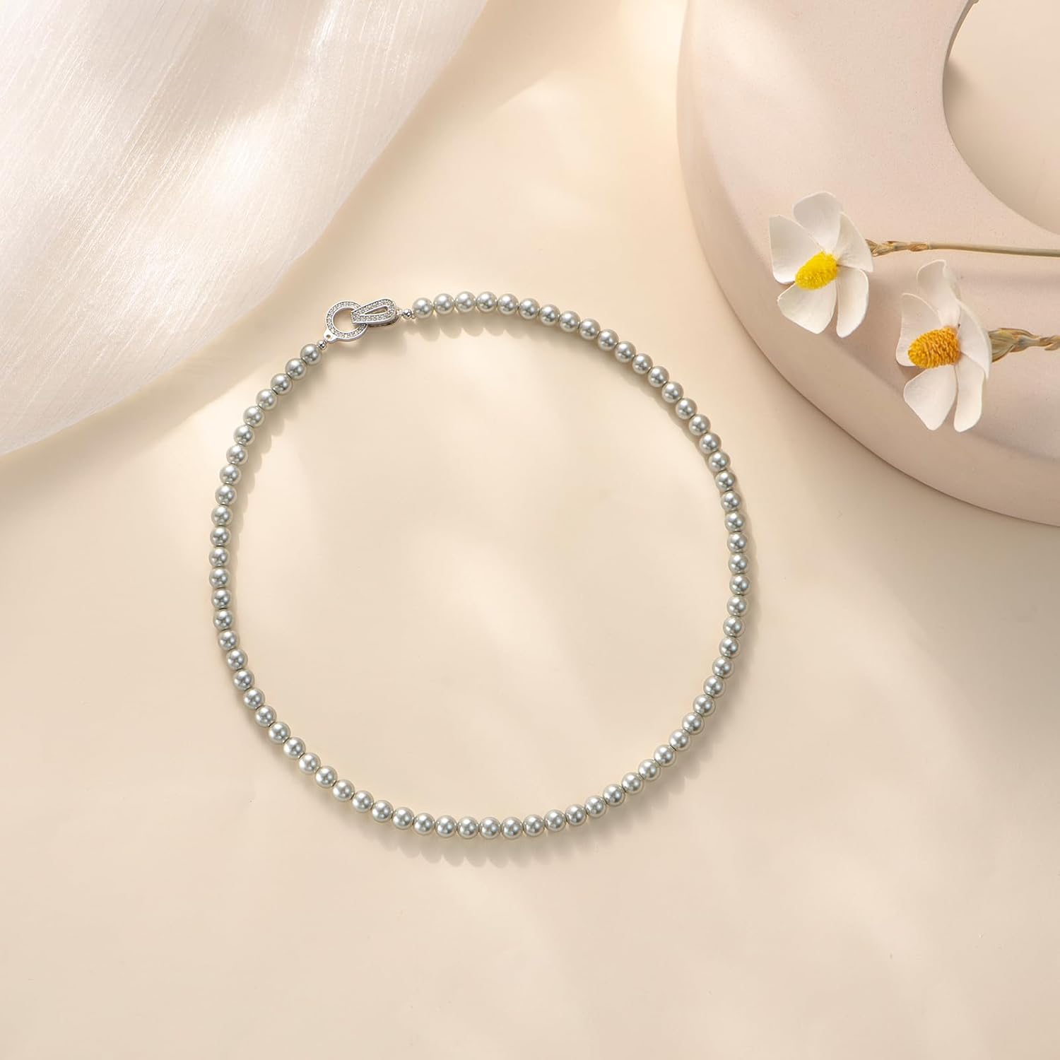 Pearl Necklace 18 inch and Pearl Earrings Studs, Lustrous Gorgeous Imitated Silver/White Pearls Jewelry Set For Women - Image 8