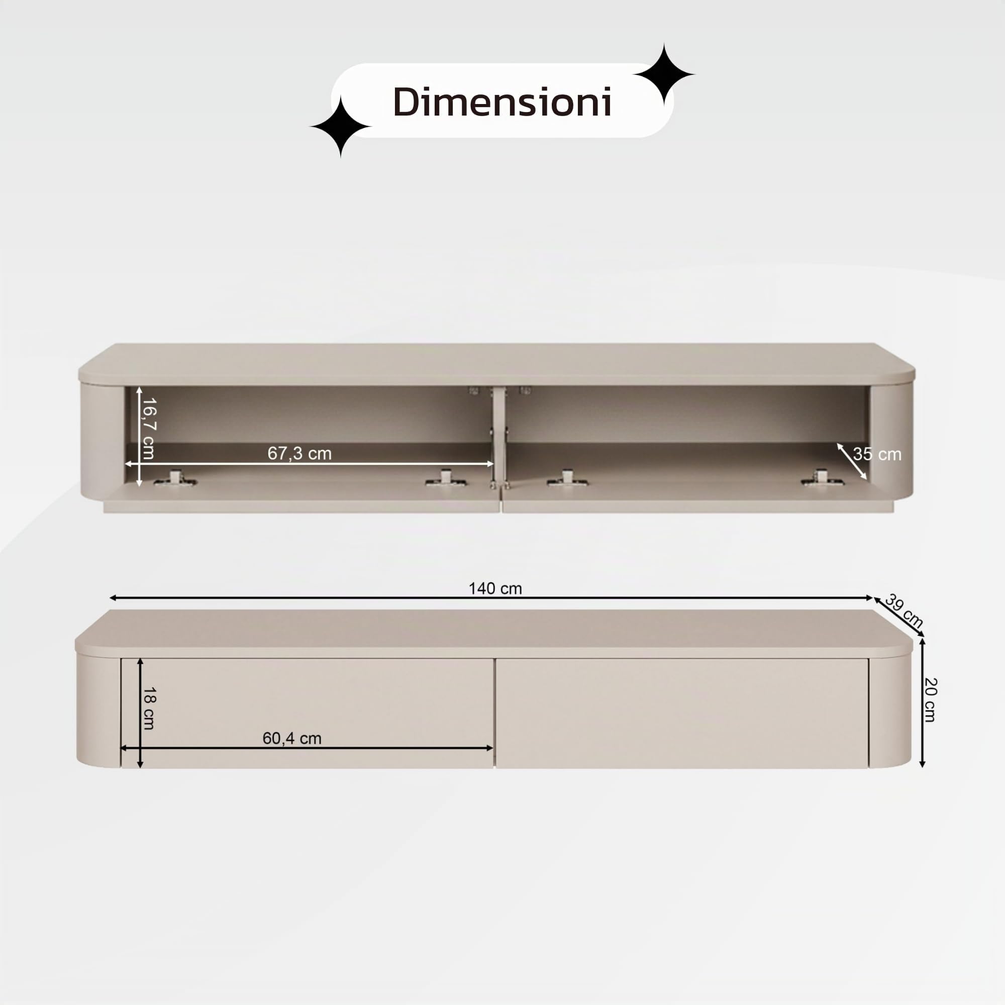 Selsey Mobile TV Sospeso 140 cm - Elegante Mobile TV Soggiorno in Finitura Cachemire, Moderno e Funzionale, Pannello Laminato e MDF di Alta Qualità, Design Minimalista, Perfetto per il Tuo Soggiorno