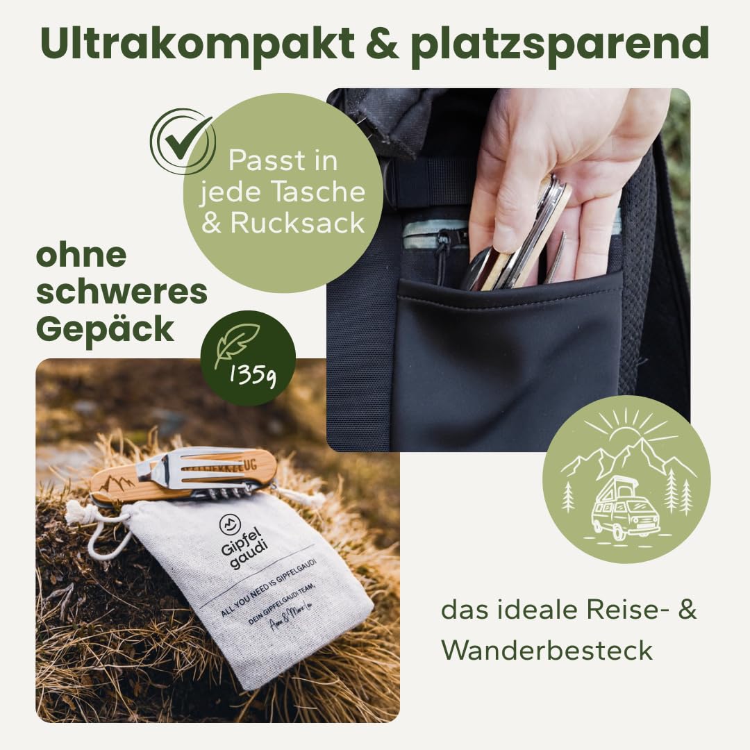 Gipfelgaudi All-in-One Camping Besteck: ideal zum Wandern, Picknick & mehr I Plastikfreies Besteck To Go aus rostfreiem Edelstahl & Holz