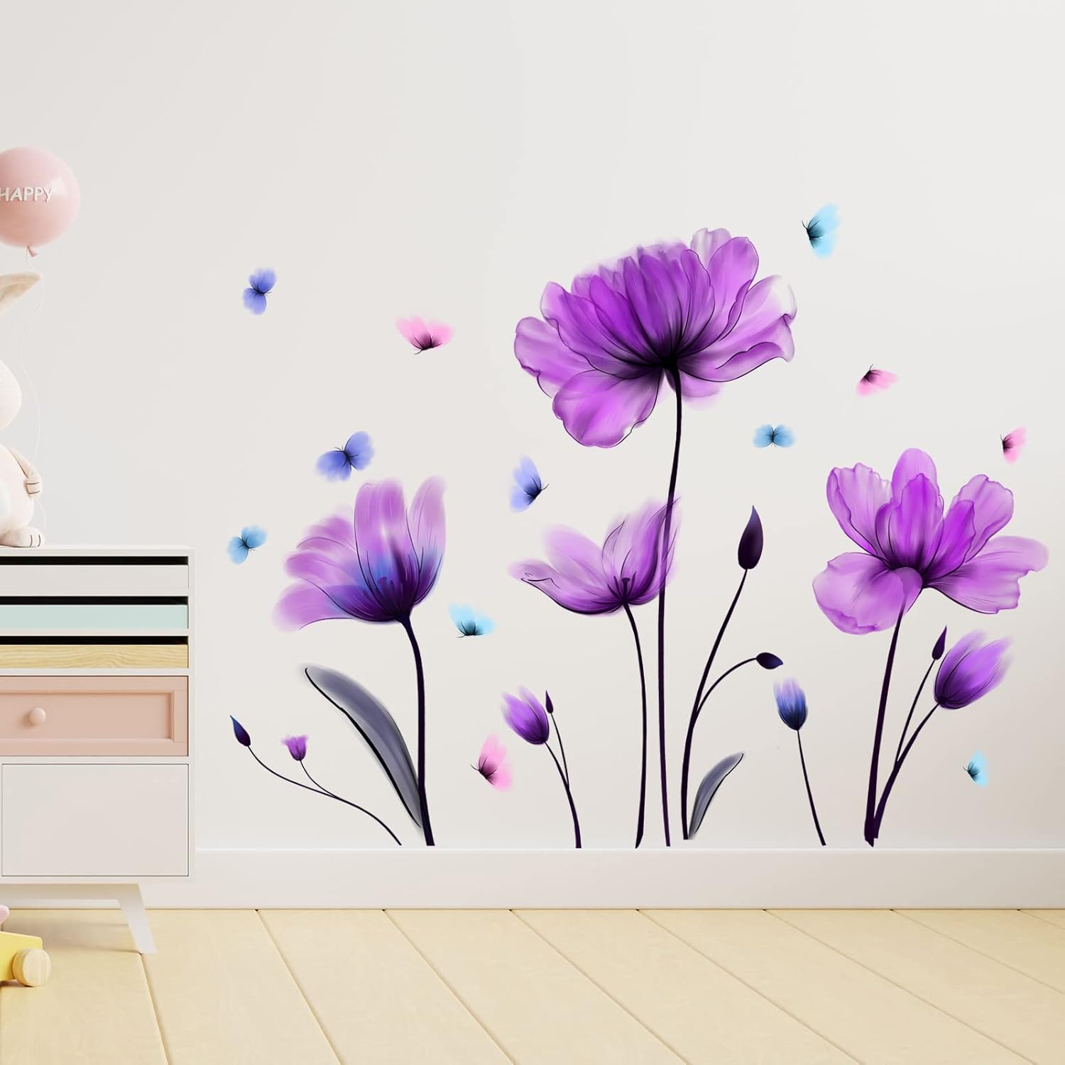 Flowers Wall Sticker Purple Floral Wall Decal Removable Butterfly Wall Stickers Self Adhesive Decal Mural for Nursery Bedroom Kids Room - Image 2
