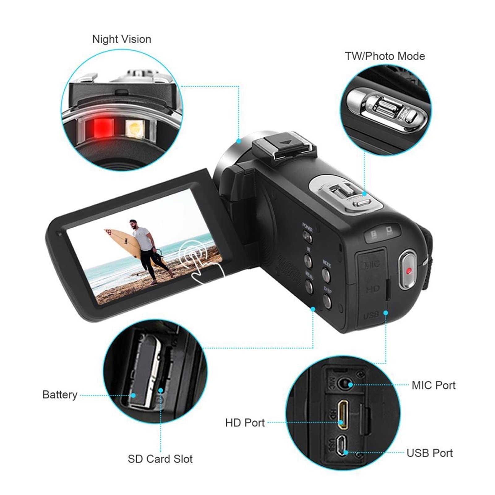 Kamera Wideo, Kamera wideo 4K Wi -Fi Camera Nocna Vision 5 6MP Vloggowanie ekranu dotykowego piękności dla kamery internetowej(Standard,K1 Gray Camera Kit)