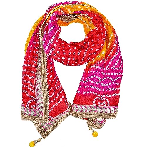 Women's Silk Jaipuri Rajasthani Bandhani Bandhej Heavy Dupatta with Gota Work and Latkan