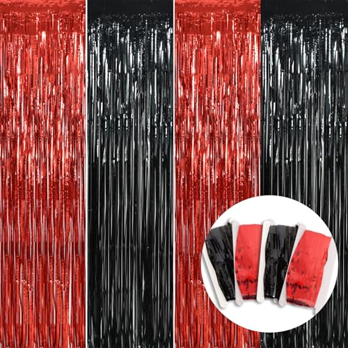 Image of BEISHIDA 4 Pcs Red and Black Door Streamers Foil Curtain Red and Black Party Decoration Backdrop for Casino Theme Scream Halloween Supplies Graduation Birthday Party Decorations (3.28 ft x 6.56 ft)