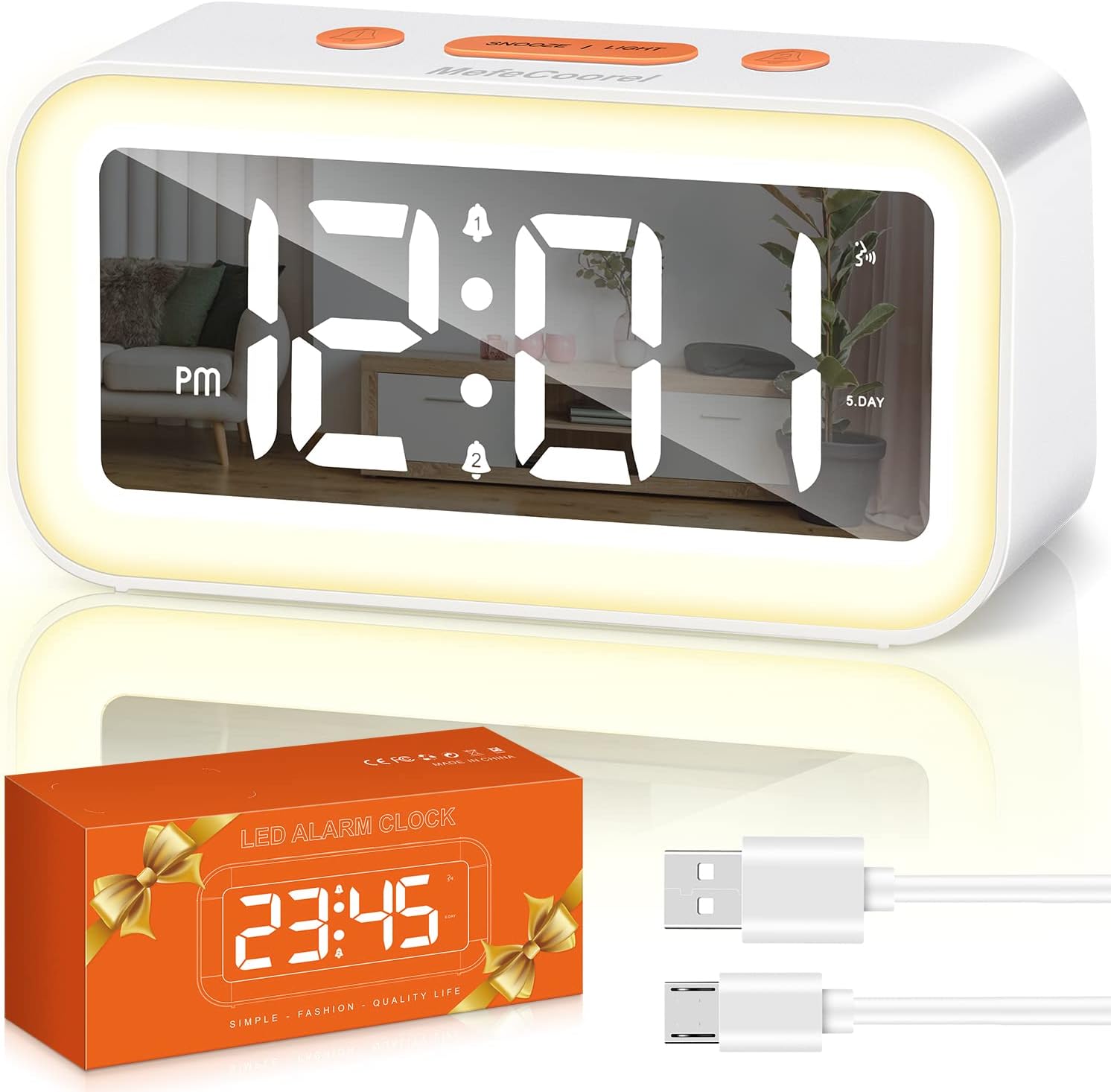 Digital Alarm Clock for Bedrooms, Digital Clock with Night Light 0-100% Adjustable Brightness Mirror LED Sound Activation Power-Off Memory 12/24Hr Snooze USB Port for Kids Bedside Home Office (White)